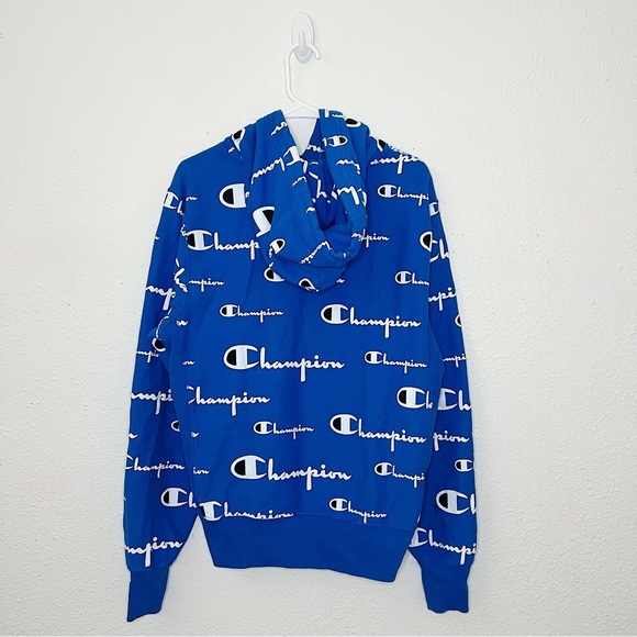 (Sold) Champion All Over Logo Hoodie Blue White Sweatshirt Jumper Long Sleeve - Picture 6 of 8